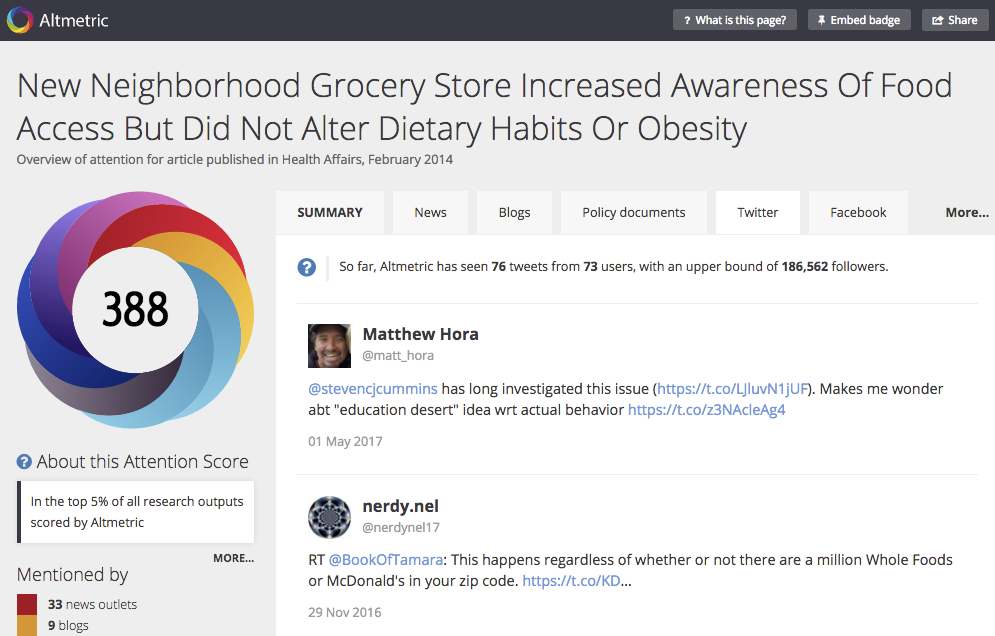 a sidebar with the Altmetric donut next to a menu tab and a timeline of tweets