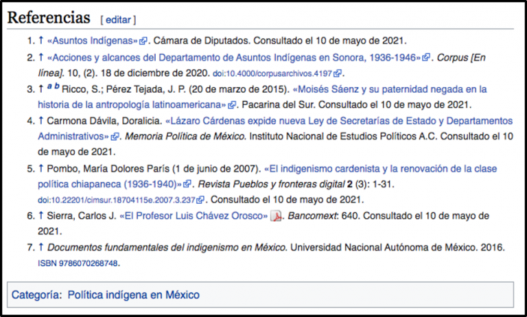 a Wikipedia reference list in Spanish