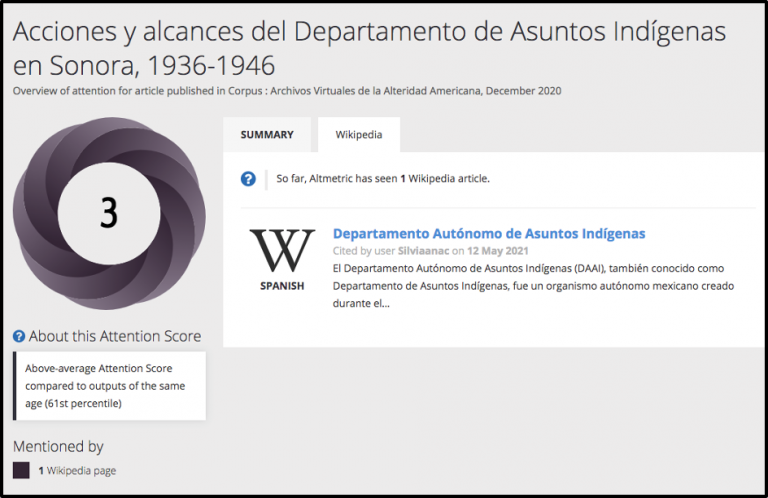 a screenshot of an Altmetric donut and a Spanish Wikipedia article link